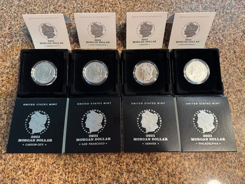 2021 Morgan Dollar 4-Coin Set Uncirculated C.C., S.F., Denver, Philadelphia Bid