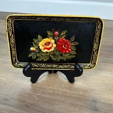 Vintage Floral Tray Made in Occupied Japan Alcohol Proof Black Gold Decor