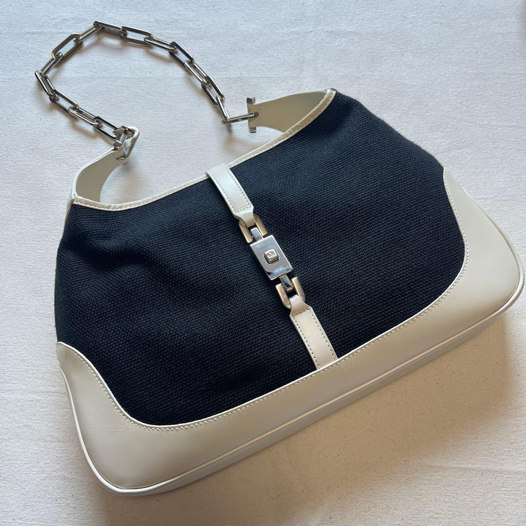 Borsa a tracolla Gucci Jackie Line catena 001.4015.203419 tela pelle bianco nero