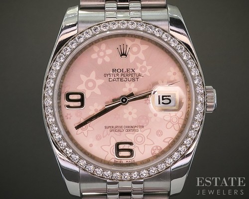 2010 Rolex Datejust 116244 18k SS Pink Flowers Dial Diamond 36mm Watch p25524