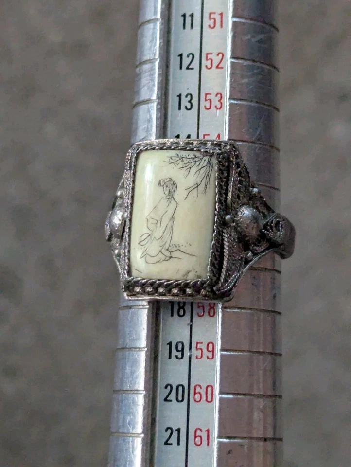ANILLO FILIGRANA VIDRIO IMITACIÓN SCRIMSHAW EXPORTACIÓN REPÚBLICA CHINA ART DECO ASIÁTICO Foto 2 de 4