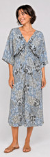 New GIGIO Size L 12 14 Patchwork Print Twist V Neck Midi Dress Back Tassel Tie
