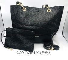 Calvin Klein Monogram Tote Bag Black Logo Canvas Lether Trim Pouch Shoulder NWOT