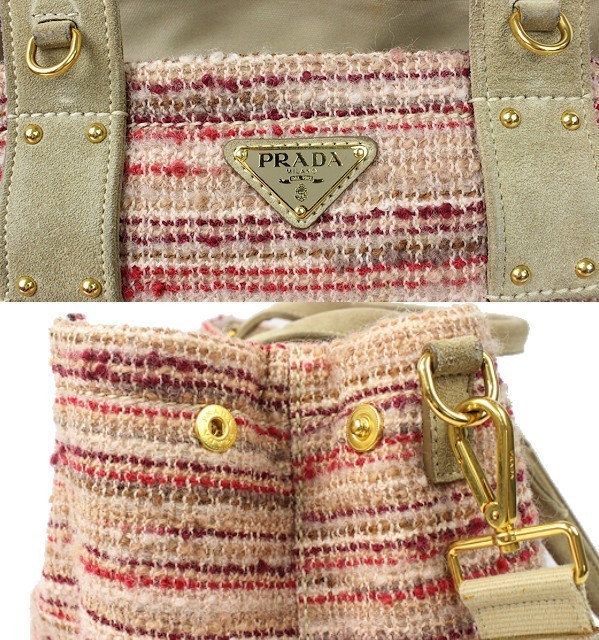 PRADA Tweed Canapa Tote 2WAY Bag BN2042 Pink Beige Suede 60455 from japan thumbnail 10