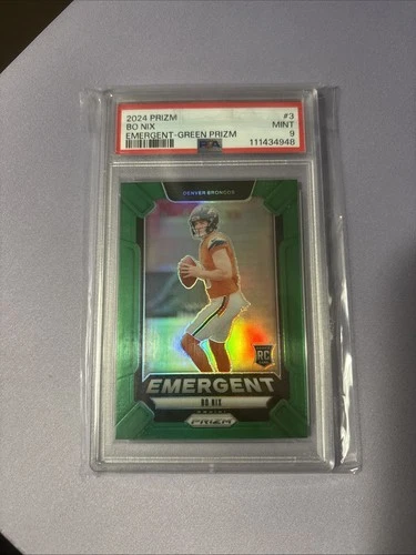 2024 Panini Prizm - Emergent Bo Nix #3 Green Prizm (RC) PSA 9