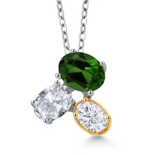 925 Silver and 10K Yellow Gold Green Chrome Diopside White Topaz and White