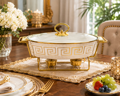 13'' Oval Keramik Chafing Dish Speisenwärmer Weiß Gold Griechischer Schlüssel Buffet Servierdeckel