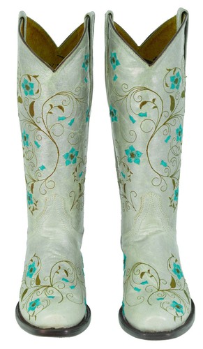 Womens Cowboy Boots Gray Green Leather Embroidery Floral Rodeo Size 6-7.5, 9.5 - Picture 6 of 7