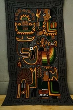 Folk Art Textile Peruvian Mayan Aztec Gods Wool Crewel Embroidery Tapestry Panel