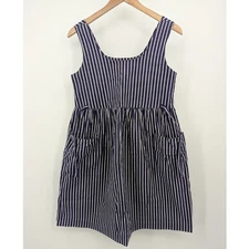 Vintage Laura Ashley Blue White Striped Pinafore Apron Small Dress HAS POCKETS