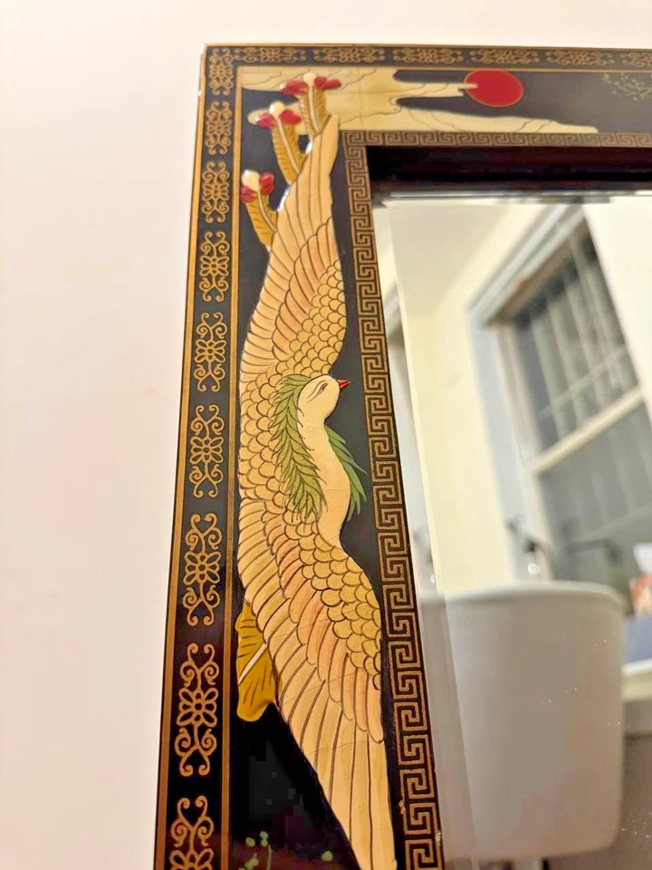 Espejo de pared Franklin Mint Chinoiserie 1970 vintage grúa pájaro certificado hecho a mano Foto 4 de 4