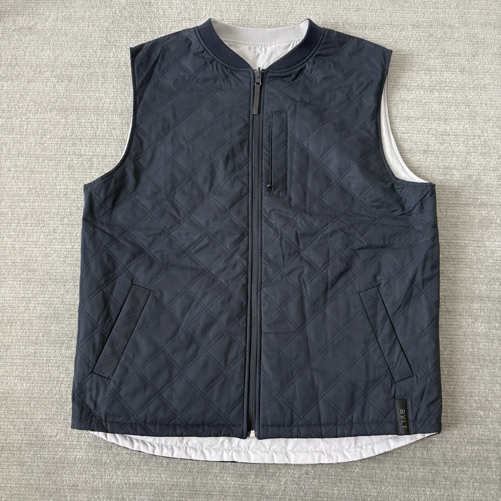 BYLT Hi-Lo Reversible Bomber Vest Jacket Mens Large Navy Quilted Full-Zip Golf