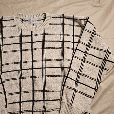 Vintage 90s Grandpa Sweater New Yorker Mens L Cotton Blend Knit Grid Plaid USA