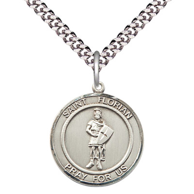Medium Sterling Silver Saint Florian Medal 24'' Lobster Claw Chain Necklace