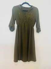 MARY & MO S Olive Green Woven Button Shirt Dress Knee Length Roll Tab Sleeve