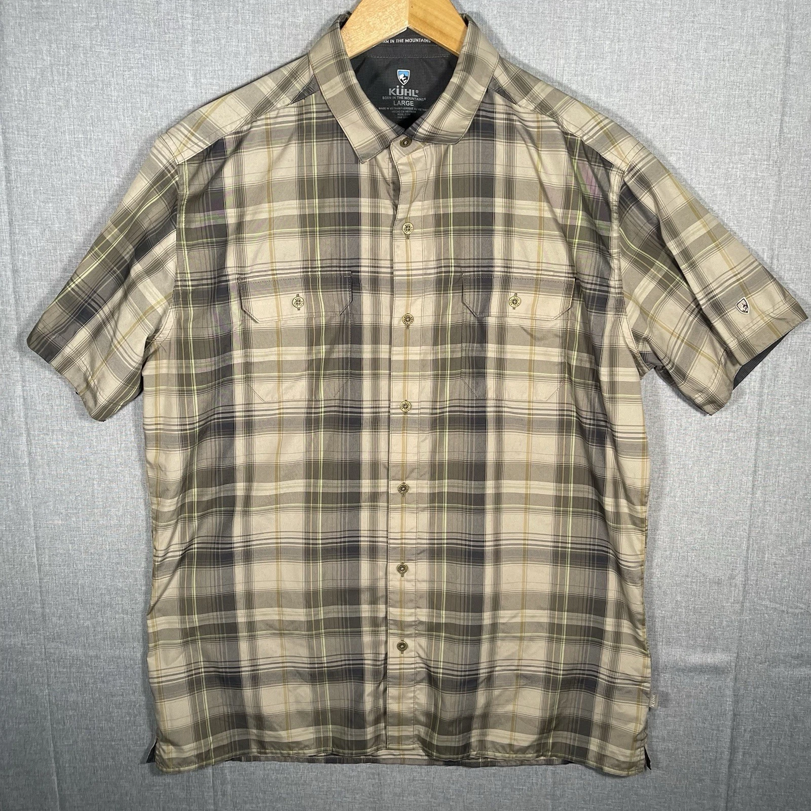 KUHL Response Men's Large Short Sleeve Green Plaid Outdoor Hiking Shirt