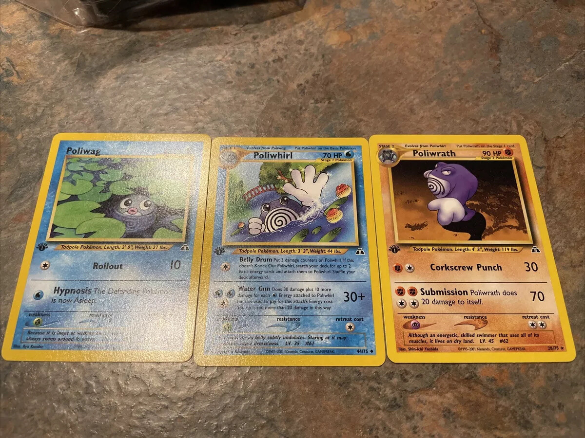 Poliwrath-poliwhirl-poliwag 1st Edition Neo Discovery 26-28/75. Near Mint