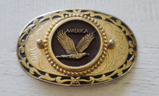 Vintage Oval Gold Swirl Pattern Maroon Leather America Eagle Belt Buckle Shiny