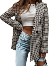 Women's Slim Double Breasted Houndstooth Office Work Plaid Blazer Suit Jacket