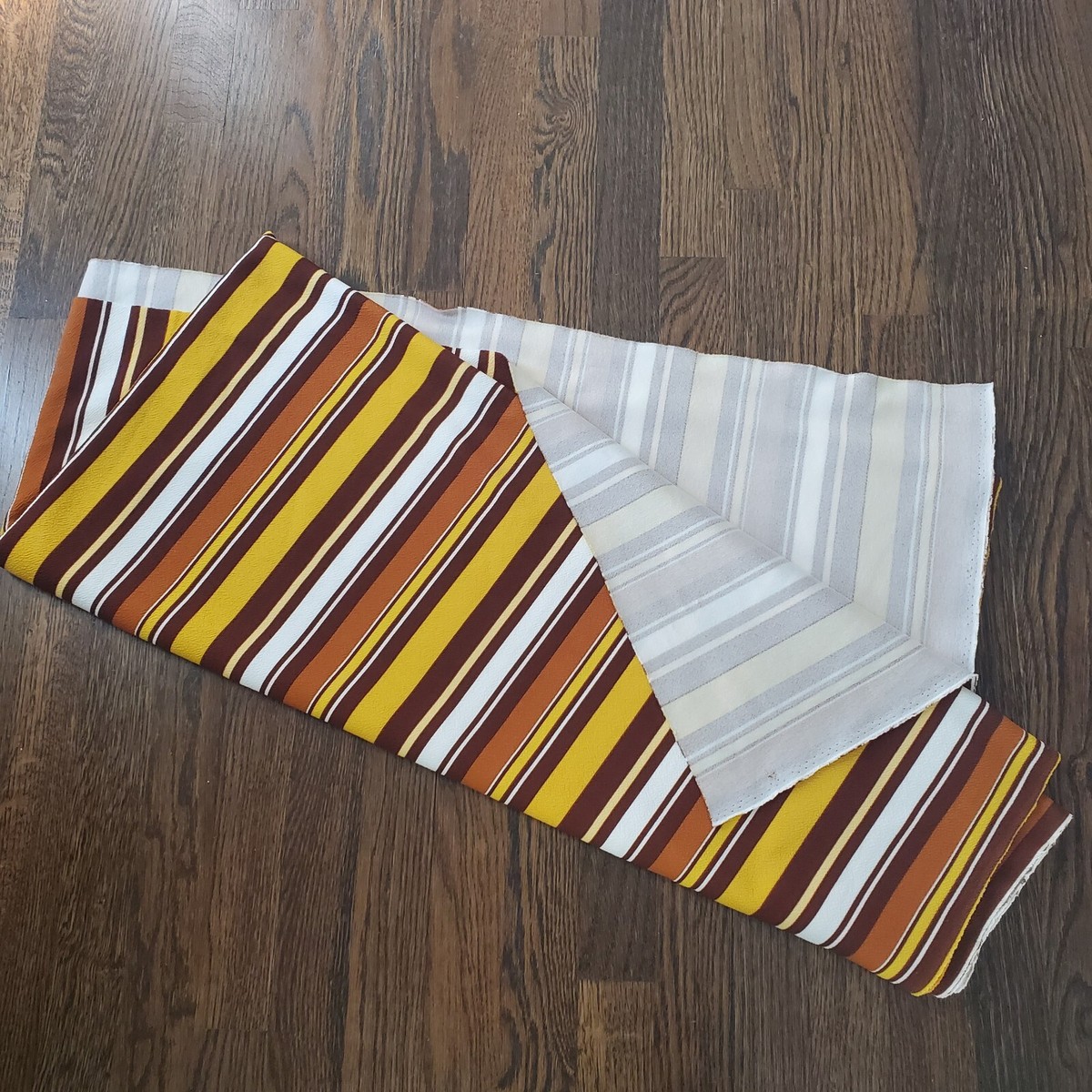 Vtg Striped 70s Retro Fabric Mod Mustard Yellow Brown White