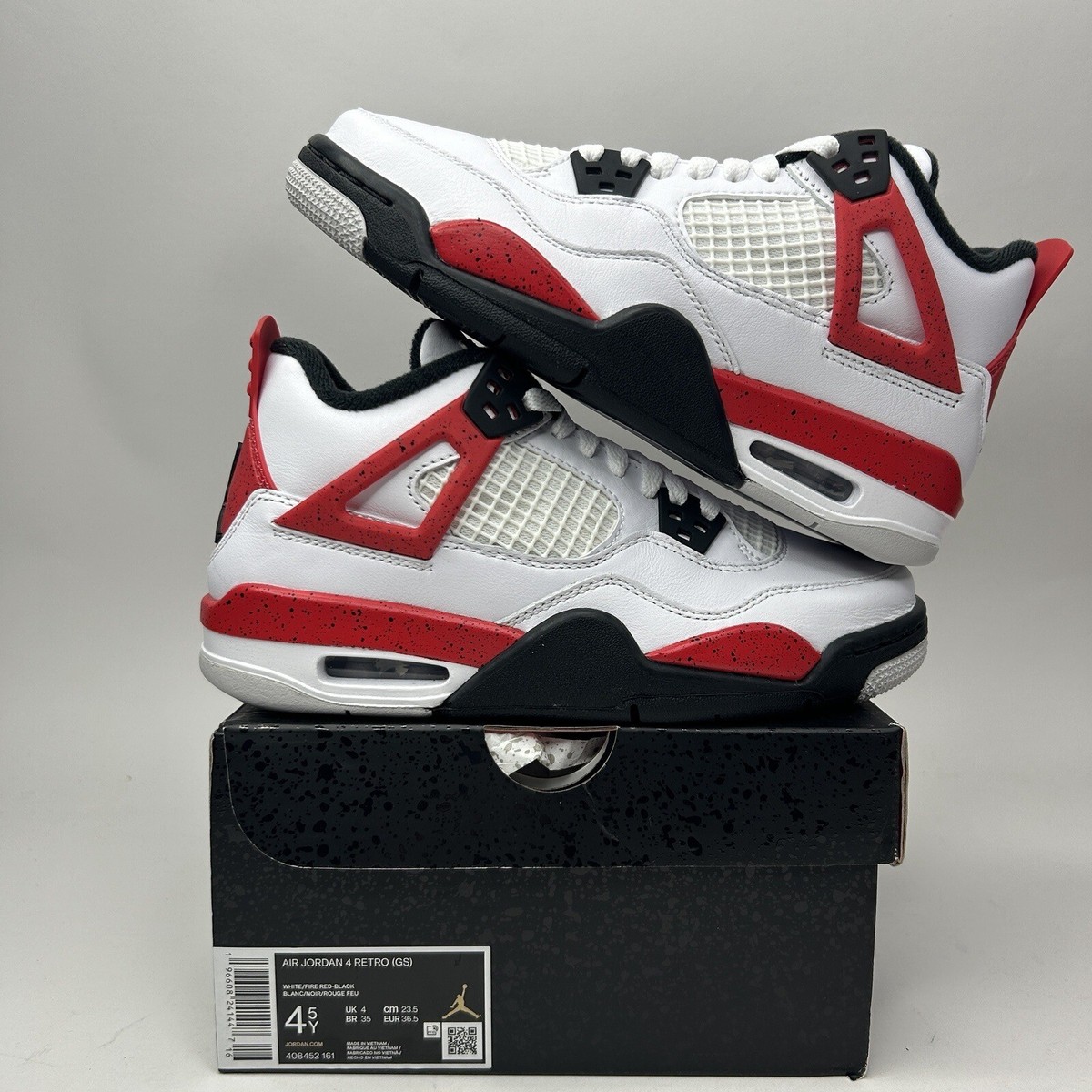 Nike Air Jordan 4 Retro GS “Red Cement” White Black 408452-161 4.5