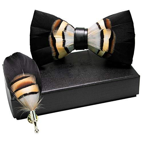 RBOCOTT Leather Feather Handmade Pre-tied Bow tie and Brooch Sets for Men2 - Picture 2 of 6