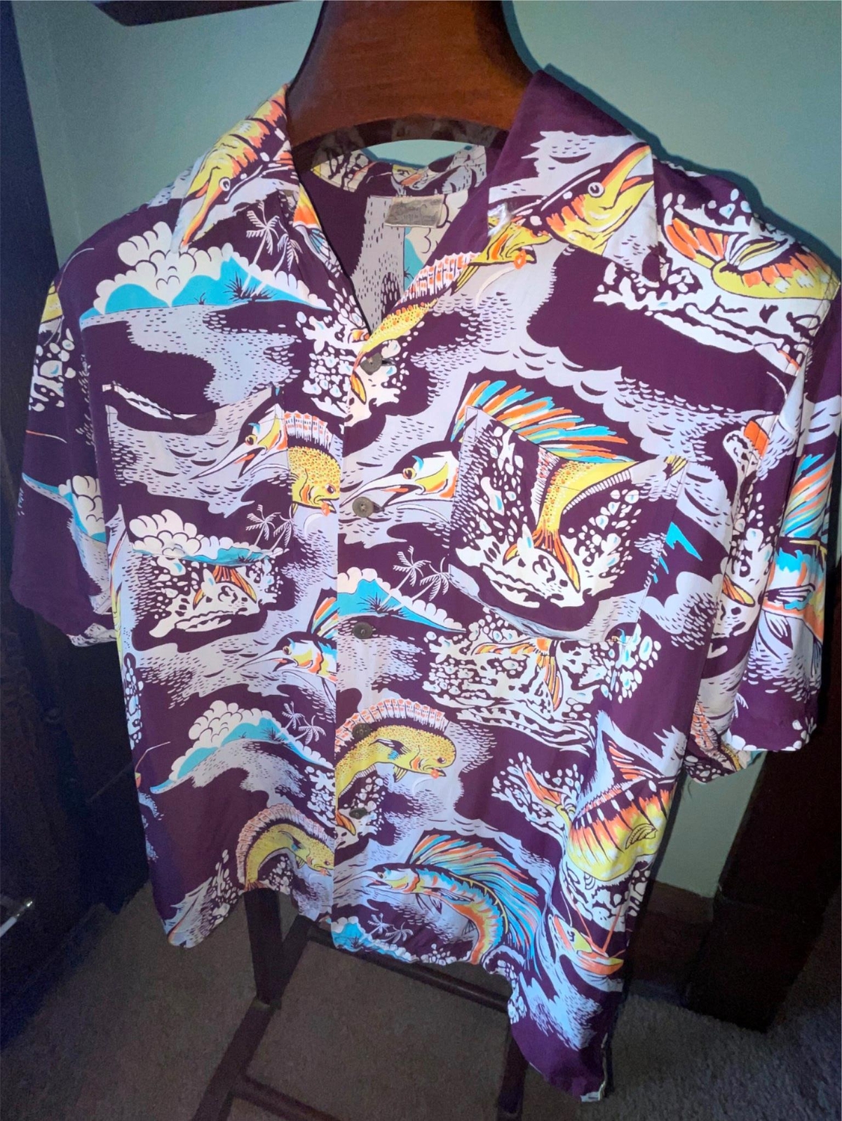 VTG 40S 50S MENS M SILK HAWAIIAN MARLIN SWORDFISH… - image 1