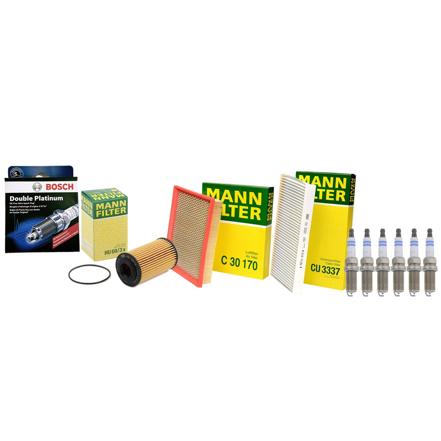 Mann Cabin Oil  Air Filter and 6 Bosch Double Platinum Spark Plugs Kit For Saab