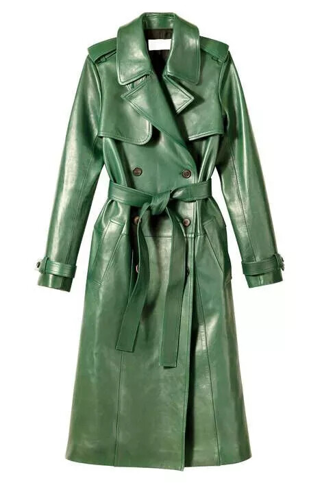 Long Trench Coat Winter Party Designer Stylish Green Women Lambskin Leather-image