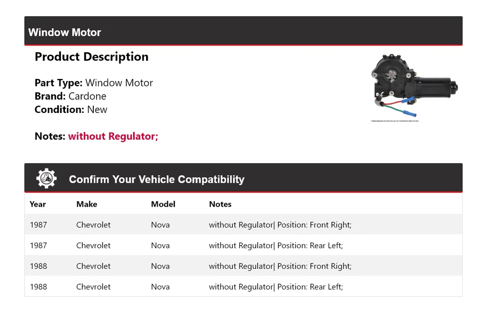 Кардон оконного двигателя для Chevrolet Nova 1987-1988 годов выпуска - Изображение 2 из 4