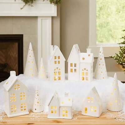 Ceramic Holiday Village 10 Piece Lighted Set White Christmas