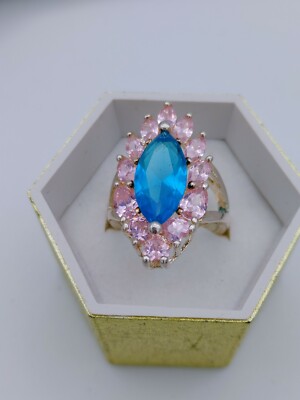 Vintage Pink Blue Rhinestone 925 Silver Ring Size 6