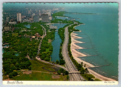 c1980s Beaches Chicago Lakefront Pier Aerial View Vintage Postcard