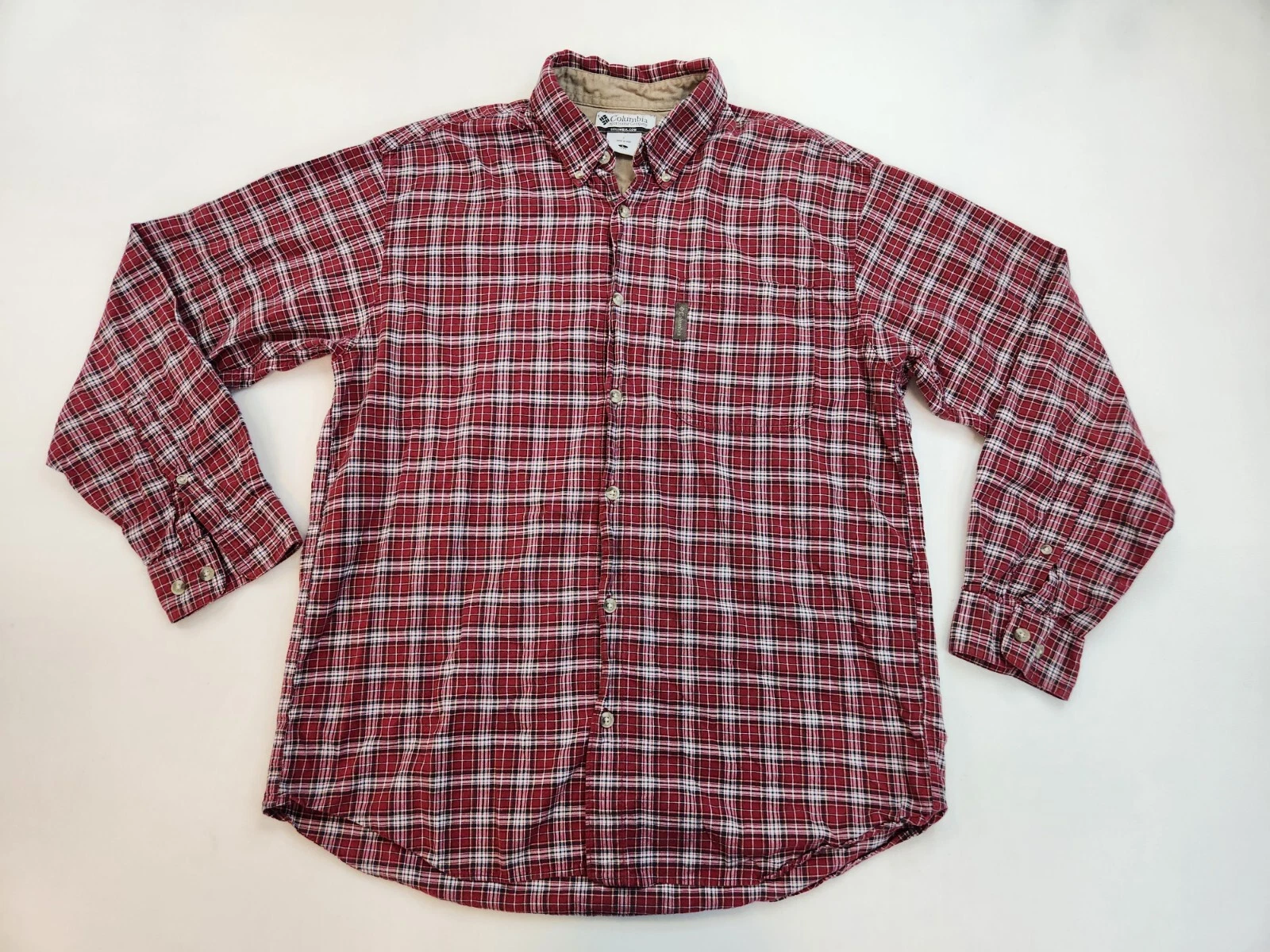 Columbia Men L Outdoor Plaid Flannel Red Shirt Working Reinforced Warm