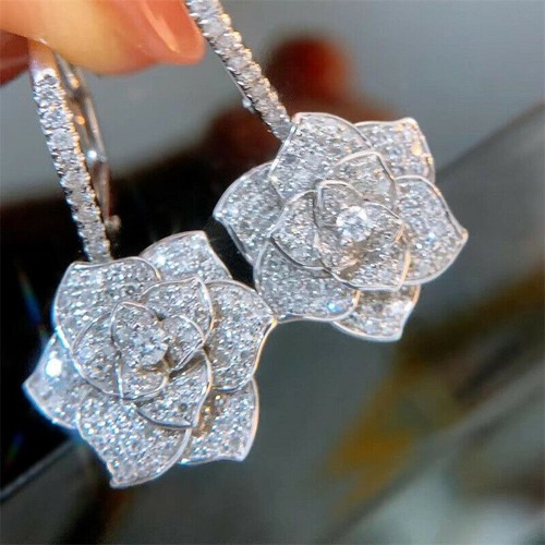 Women Flower Drop Moissanite Earrings Wedding Jewelry Gifts 14K Solid