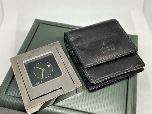 Working! Auth GUCCI Square Travel Table Clock & Leather Case Set Quartz Silver - Picture 2 of 12