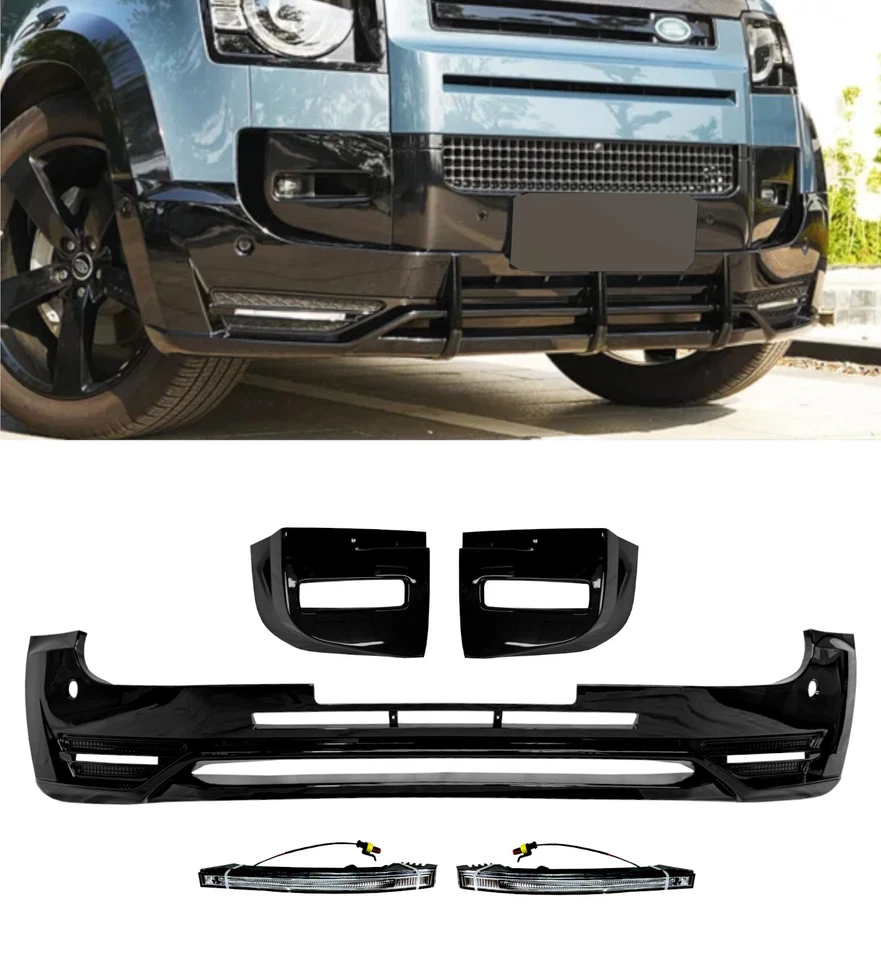 FRONT SPLITTER LOWER LIP WITH LED DRL LIGHT GLOSS BLACK FOR DEFENDER 110 90 L663