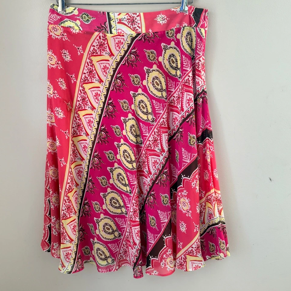 Falda midi Grace Elements estampado cachemir boho rosa amarillo para mujer talla 12 hippie Foto 2 de 4