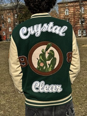 Zara Mens Green Crystal Clear Pockets Long Sleeve Varsity Jacket Size Small