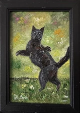 ORIGINAL OIL PAINTING BLACK CAT IN THE GARDEN SIGNED FRAMED 4x6