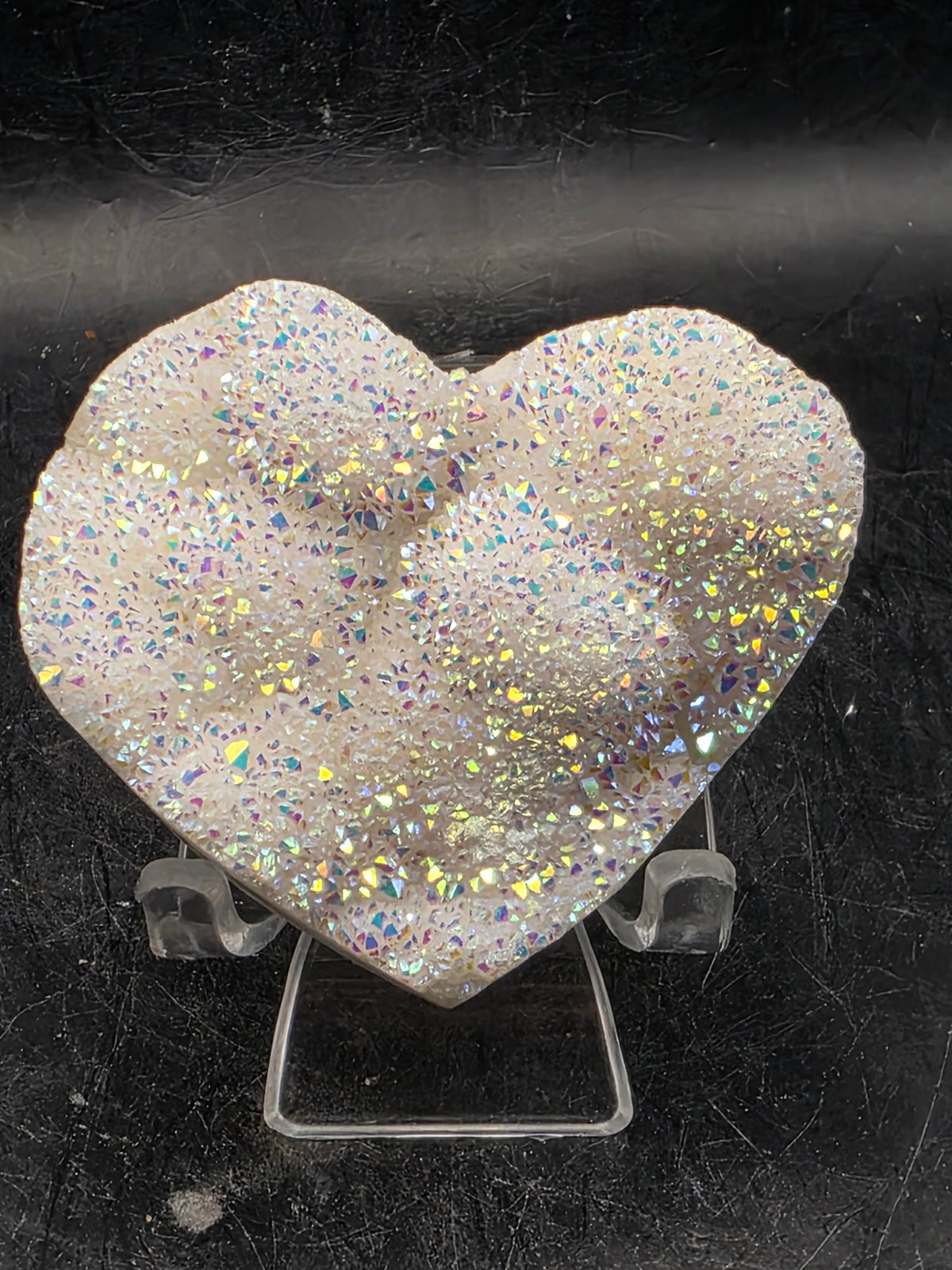 White pearl aura quartz heart! 4.3 ounces, 2.4 inches wide, 2.1