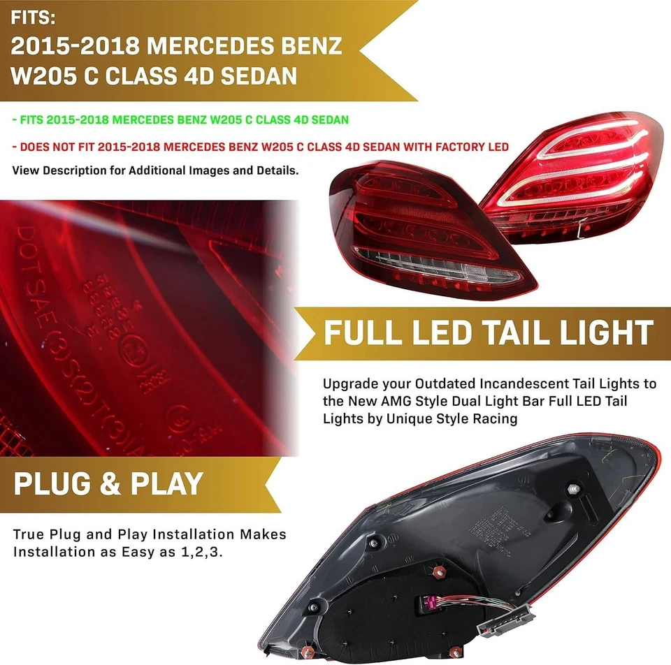Pair LED Taillights Upgrade For Mercedes Benz 2015-2018 C Class W205 C300 C350 - Image 3 of 4