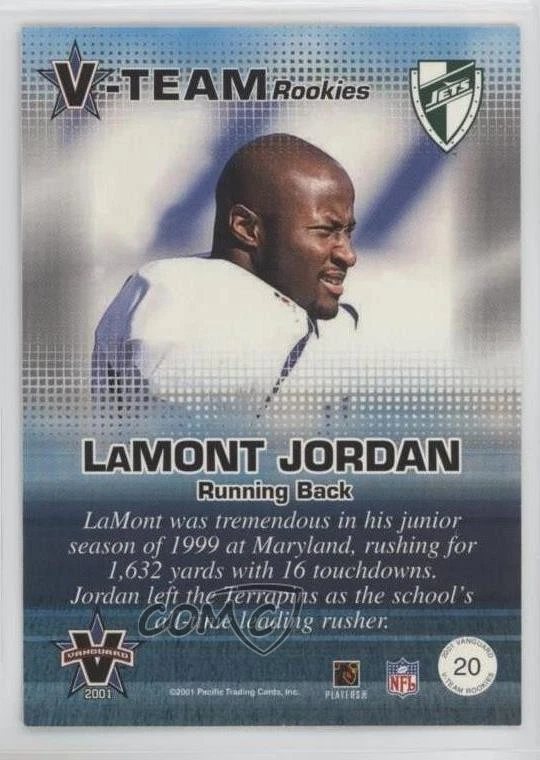 2001 Pacific Vanguard V-Team Rookies /999 LaMont Jordan #20 RC - Image 2 of 2