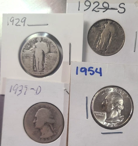 Silver Quarter Lot of 4 1929 P-S Standing Liberty 1937 D 1954 UNC Washington
