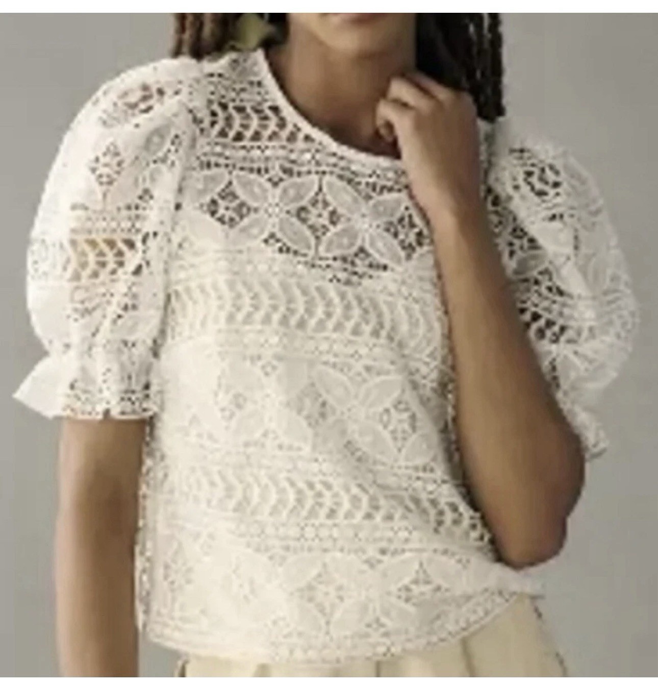 Dolan Anthropologie Puff-Sleeve Bow Back Ivory Lace Pullover Lined Top Sz Large
