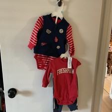 Carter's Sports 3 Piece Outfit Set Red Navy Bodysuit Vest Pants 6, 9 Months NEW