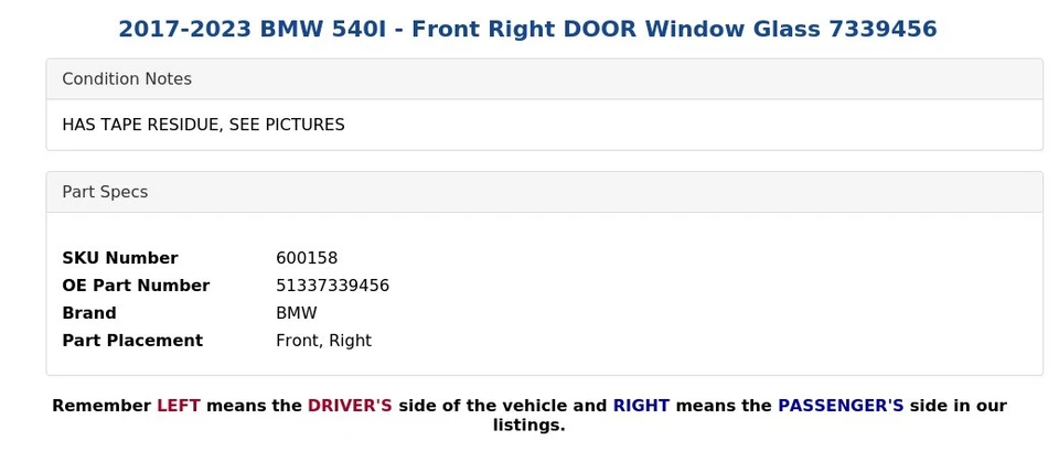 BMW 540I 2017-2023 - Puerta delantera derecha ventana cristal 7339456 Foto 4 de 4