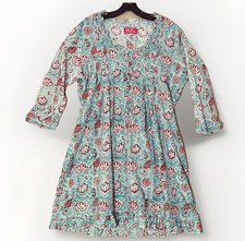 Three Little Birds Dress L Floral Peasant Teal Red Block Print Boho Cottage Folk