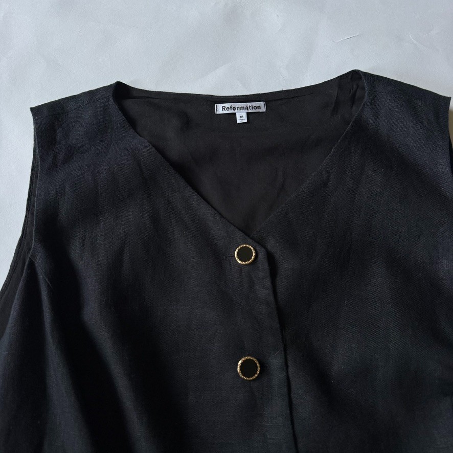 Reformation Womens 18 Linen Top Es Vest Sleeveless Gold Button Buckle Back