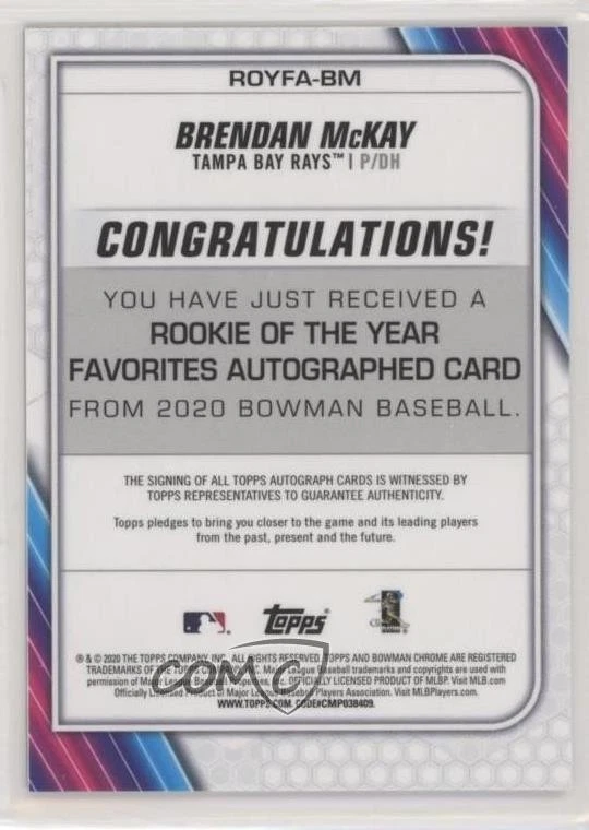 2020 Bowman Gold Refractor /50 Brendan McKay #ROYFA-BM Auto RC - Image 2 of 2